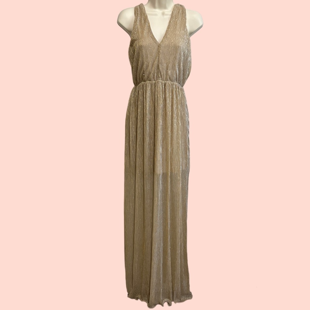 NWT Francesca’s Gold Pleated Maxi Dress w/ Ruffled Hem – XS